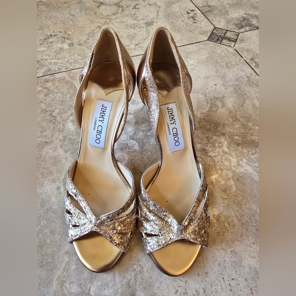 Jimmy Choo Straits Gold Leather Open Toe Sandal Heel Shoes 37